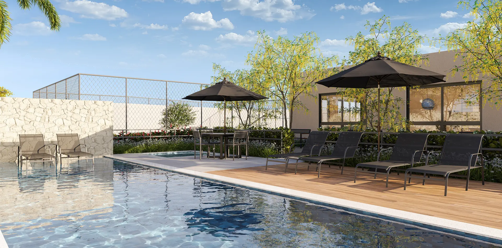 Piscina com deck molhado — Residencial Maziero Lançamento em Betel Paulínia